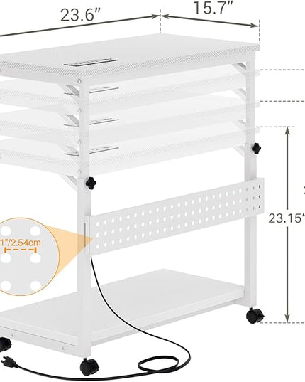 Computer Tower Stand with Power Strips, 4 Levels Manual Height Adjustable PC Tower Stand for Under Desk, Mobile Rolling CPU Holder, Computer Cart with Wheels, 24", Carbon Fiber White