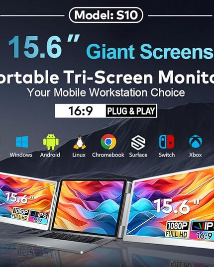 15.6" Laptop Screen Extender for Triple Display - FHD 1080P Portable Monitor For Laptop - Compatible with MacOS/Windows/Android - USB C Detachable Plug & Play Extended Screen for 12-17" Laptops
