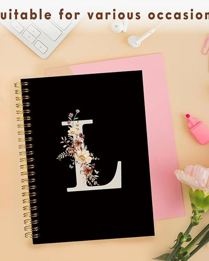 Lacama Cute Initial Letter L School Notebook Journal, Aesthetic Wildflower Personalized Black Spiral Notebook, School Supplies, Customized Monogrammed Gifts, Birthday Gifts for Women, Office Supplies