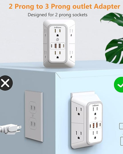 USB Wall Charger Power Strip Surge Protector with 4 USB Ports (2 USB C) Plug Extension Multiple Outlets Plug Extension Multi Outlet Plug in Adapter Spaced Outlets for Home Office Travel,White (White)