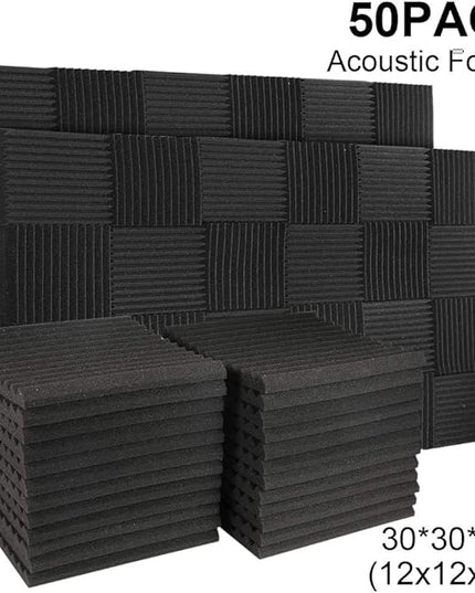 50 Pack Acoustic Panels Soundproof Studio Foam for Walls Sound Absorbing Panels Sound Insulation Wedge for Studio, 1" X 12" X 12" (Black)