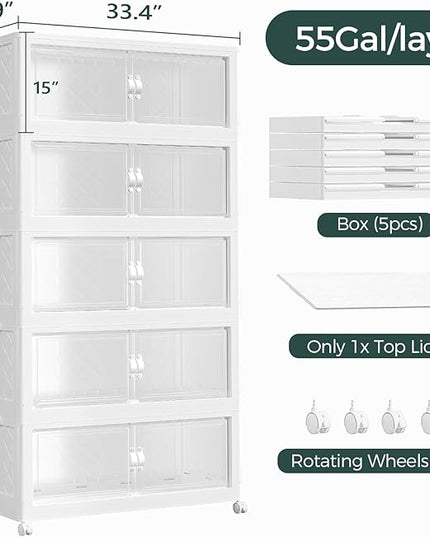 1100QT Extra Large Stackable Storage Bins with Lid, 275Gal Collapsible Storage Box with Wheels and Doors, Plastic Closet Organizer and Storage Cabinet for Home Kitchen Office Dorm, 5Pack White