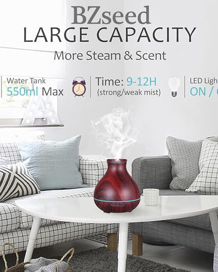 BZseed Aromatherapy Essential Oil Diffuser 550ml 12 Hours Wood Grain Aroma Diffuser with Timer Cool Mist Humidifier for Large Room, Home, Baby Bedroom, Waterless Auto Shut-off,7 Colors Lights Changing