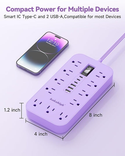 Purple Extension Cord with Multiple Outlets- 5 FT Lavender Power Strip, Girls Extension Cord with 11 AC Outlet 6 USB (24W/4.8A), Charging Station for Purple Women Lavender Desk Decor Essentials Gifts