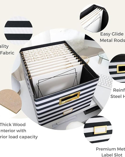 BLU MONACO | Decorative Hanging File Box with Lid | File Bins with Lids for Desk Storage | Desktop Hanging File Organizer for Legal Letter Folders Black White