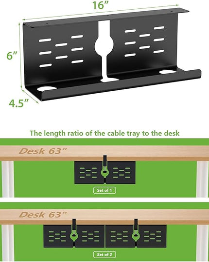 KEEGH 16" Under Desk Cable Management Tray, Desk Cord Organizer Upgrade Capacity, Drill Free Clamp/Screw Mount, Sturdy Metal Tray for Connect Cables, Home, Office, 1 Pack, Black