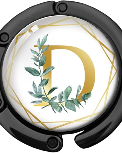 Gold Initial Foldable Purse Hook Gifts, Eucalyptus Letter Handbag Hanger, Women's Bag Hanger Holder, Round Purse Table Hook, Funny Desk Decor Gifts for Women Coworker Friend (Eucalyptus D)