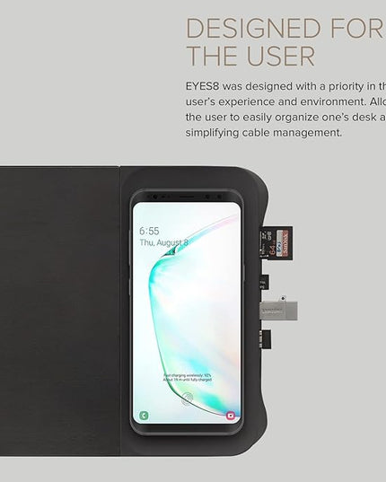POUT E8 Wood Desk Monitor Computer Stand Riser Shelf + USB HUB + Qi Fast Wireless Charging Charger Pad Mat for Laptop, Apple, iMac, PC, iPhone, Samsung Galaxy, Airpod 2, Buds (Black)