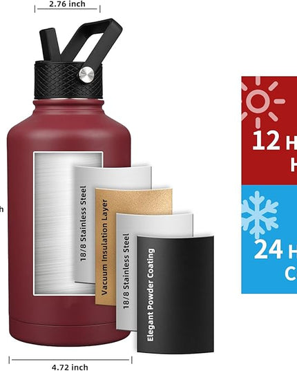 Insulated Water Bottle 64oz,Triple Wall Vacuum Stainless Steel(Dishwasher Safe),Leak Proof & Non-BPA,Flask Jug with Paracord Handle & Straw Spout Lids Sports Red