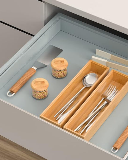 Silverware Tray for Drawer, Stackable Kitchen Bamboo Drawer Organizer 12" x 3" x 2" Set of 2