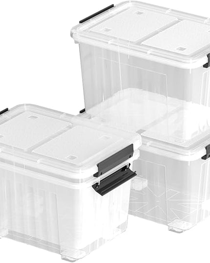 30 Quart 4 Pack Plastic Storage Bins with Latching Lids and Wheels, Clear Latch Box Container