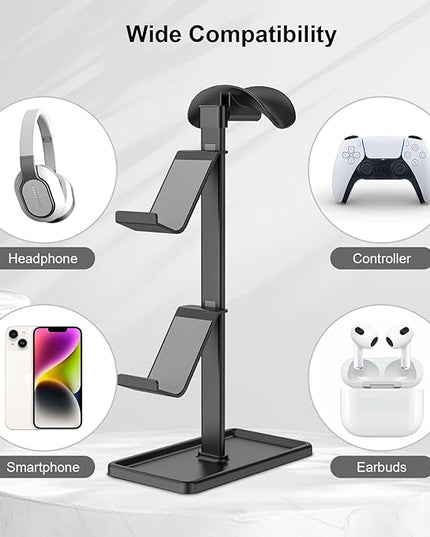 SHUOSUO Controller Holder, Headphone Stand, Gaming Controller Stand for Xbox PS5 PS4 Switch, Headset Holder with Storage Organizer, Universal Desk Game Accessories (Black)