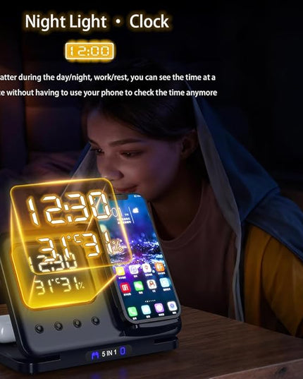 AYI 5in1 Multi Functional Wireless Charging Station with Digital Clock 15W Fast Charge Night Light Temperature Humidity Monitor Wireless Charger for All Qi Phone TWS Headphone and Apple Watch-White