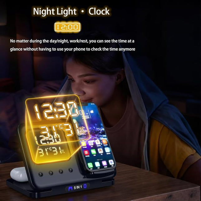 AYI 5in1 Multi Functional Wireless Charging Station with Digital Clock 15W Fast Charge Night Light Temperature Humidity Monitor Wireless Charger for All Qi Phone TWS Headphone and Apple Watch-Black