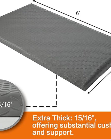 Nisorpa Anti Fatigue Mats Industrial 3' x 6' Ergonomic Standing Mat 15/16" Extra Thick Cushioned Shop Floor Mats Heavy Duty Commercial Diamond Plate - Safety Support for Leg & Back Pain, Grey