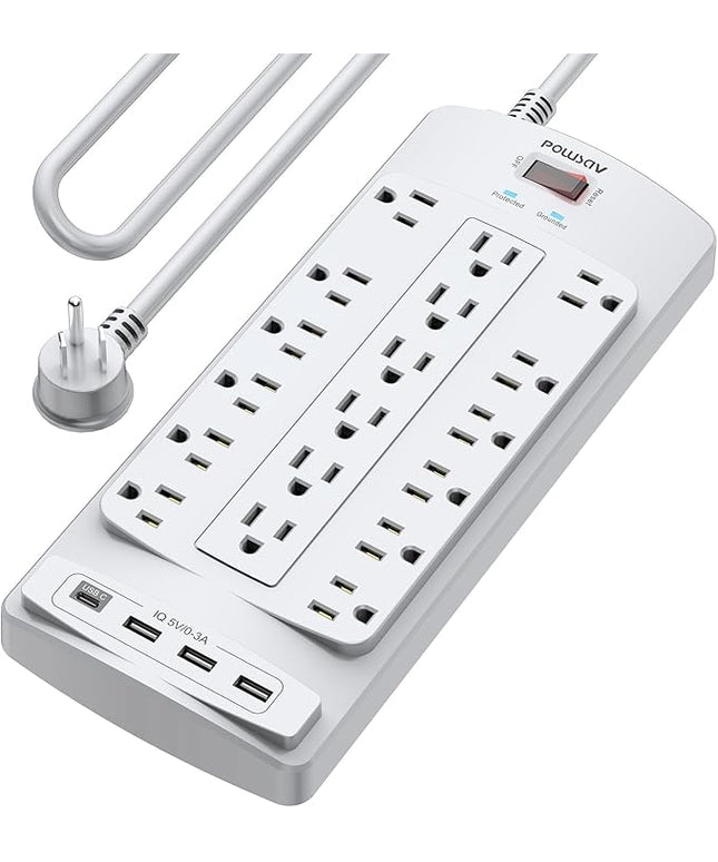 18 Outlets Surge Protector Power Strip - 10 Feet Flat Plug Heavy Duty Extension Cord with 18 Widely Outlets and 4 USB Ports, 2100 Joules, Grey, ETL Listed