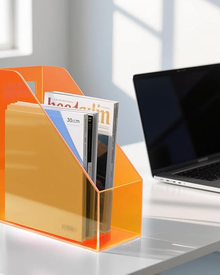 Acrylic Magazine Rack Desk File Holder Organizer for Office Desktop Vertical Magazine Storage Box, 12 x 10 x 5'', Neon Orange