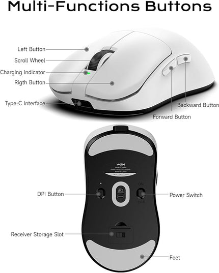 VGN Lightspeed Wireless Gaming Mouse with Dual-Mode 2.4G/Type-C Wired - 25K Sensor - 26,000 DPI - 55g Lightweight - 6 Programmable Buttons - Up to 200h Battery Life for PC/Mac- F1 Pro Max White