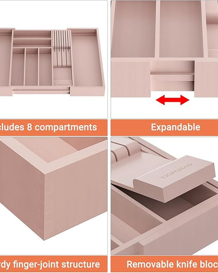 Bamboo-Silverware-Drawer-Organizer-Kitchen, Expandable Utensil Holder Cutlery Tray Flatware Organization Adjustable Wood Tableware Dividers Storage (with Removable Knife Block)(Grey Pink)