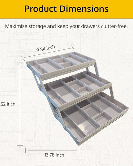 3 Tier Drawer Organizer, Multi Level Smart Drawer Organizer for Desk, Expandable Organizer for Office, Makeup, Jewelry, Kitchen, Folding Storage for Home and Office Drawers - White
