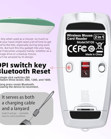 Mini 2-in-1 Wireless Bluetooth Mouse & TF Card Reader - 8GB TF Card Included, Type-C to USB Adapter, Rechargeable, Ultra-Compact (78×38×22mm), Perfect for Travel, Office & On-The-Go, Green