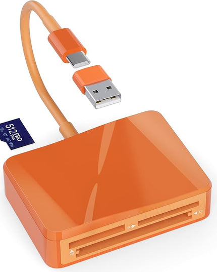 SD Card Reader, 4 in 1 USB C to SD/TF/CF/MS Card Reader with USB to USB C Adapter Memroy Card Reader for iPhone 17/16/15 Pro Max iPad Pro MacBook Pro/Air iMac M4/M3 Android Phone/Tablet PC (Orange)