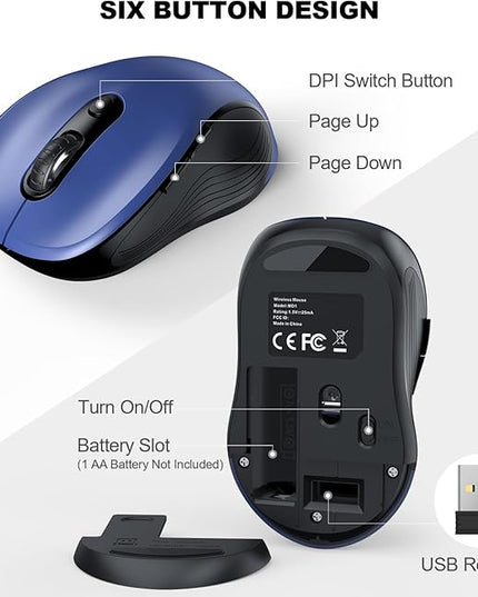 WisFox 2.4G Wireless Mouse for Laptop, Ergonomic Computer Mouse with USB Receiver and Type-C Adapter, 3 Adjustable Levels, 6 Button Cordless Wireless Mice for Windows Mac PC Notebook (Blue)