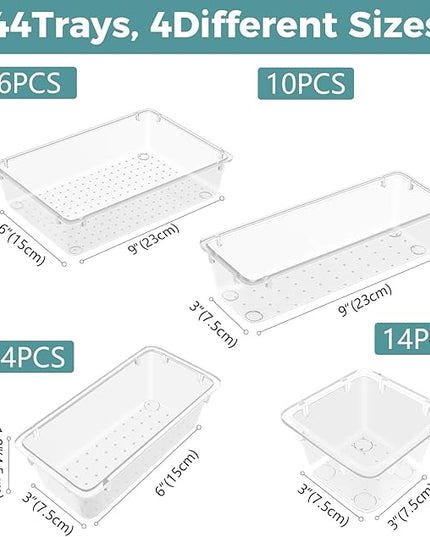 WOWBOX 44 PCS Clear Plastic Drawer Organizer Set, 5 Varied Size storage Bins and Desk Drawer Organizer Trays for Makeup, Gadgets, Jewelry and Utensils in Bathroom, Bedroom and Office, Clear