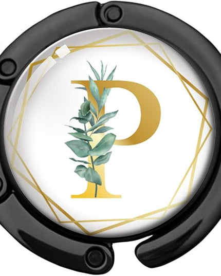 Gold Initial Foldable Purse Hook Gifts, Eucalyptus Letter Handbag Hanger, Women's Bag Hanger Holder, Round Purse Table Hook, Funny Desk Decor Gifts for Women Coworker Friend (Eucalyptus P)