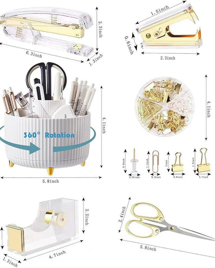 Desk Organizers and Accessories Set with 360-Degree Rotating Pen Holder, Acrylic Stapler, Tape Holder, Staple Remover, Binder/Paper Clips Kit, Scissor and 1 Box of Staples
