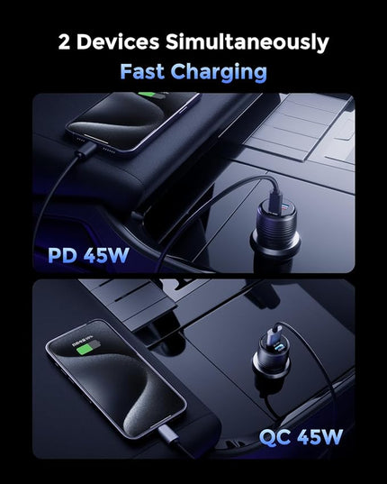 SUNDA 90W USB C Fast Car Charger, 2-Port Adapter, PD45W/QC45W QC 3.0 for iPhone 17/16 Pro/Max/iPhone 15/Laptop/Galaxy/Samsung S25/S24 (Black)