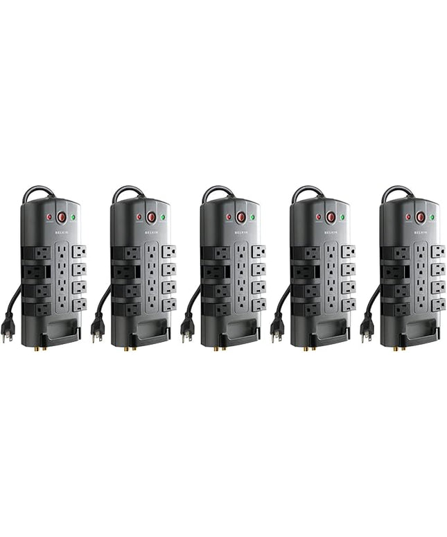 Belkin Surge Protector w/ 8 Rotating & 4 Standard Outlets (Pack of 5) - 8ft Sturdy Extension Cord with Flat Pivot Plug for Home, Office, Travel, & Desktop - Power Strip - 4320 Joules