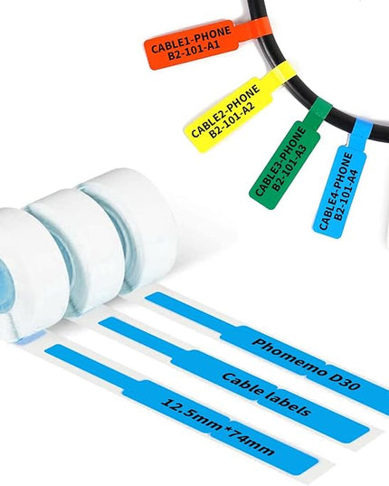 Phomemo D30 Cable Labels Colorful Waterproof Wire Cord Labels, (12.5mm X 74mm) 65 Labels/Roll, Tags Stickers Tear Resistant Flexible, Phomemo d30 Label Tape -Black on Blue Paper, 3 Roll