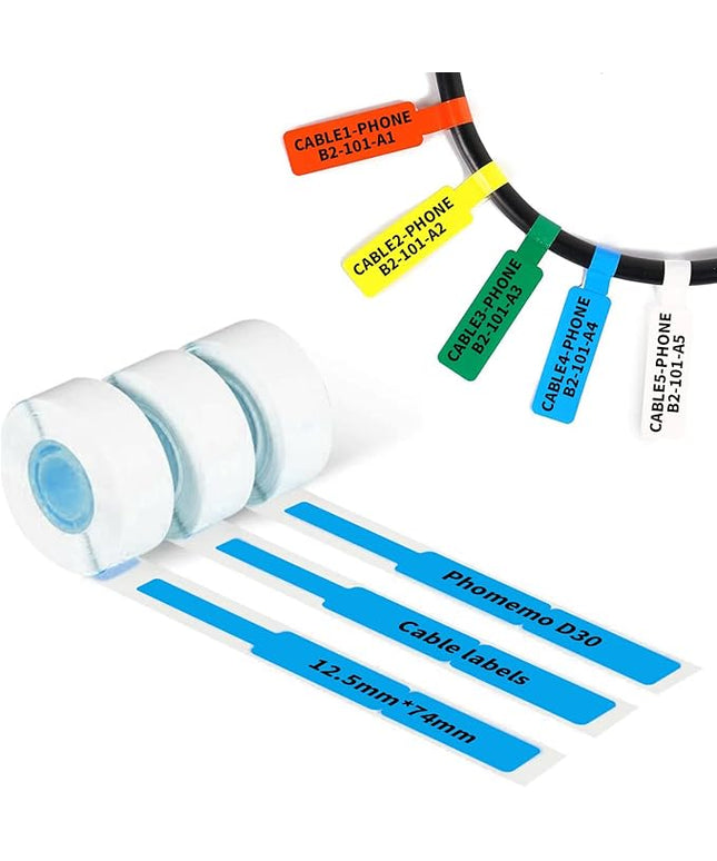 Phomemo D30 Cable Labels Colorful Waterproof Wire Cord Labels, (12.5mm X 74mm) 65 Labels/Roll, Tags Stickers Tear Resistant Flexible, Phomemo d30 Label Tape -Black on Blue Paper, 3 Roll