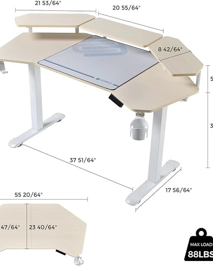 EUREKA ERGONOMIC Aero 55 Inch W Shaped Electric Standing Desk, Height Adjustable Computer Gaming Desk with LED Monitor Shelf, Mouse Pad, Headphone Hook, Cup Holder, Natural Maple