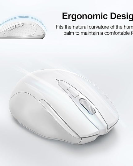 TECKNET Wireless Mouse (BT5.0/3.0 & 2.4G) Rechargeable 4800 DPI Silent USB A & Bluetooth Mouse 6 Buttons, Wide Compatibility - White