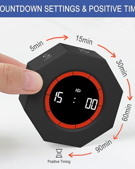 GuDoQi Digital Productivity Timer, Octagon Rotating Pomodoro Timers with Gravity-sensor, 1-3-5-15-30-60-90 Min Countdown, Portable Adjustable Sound Alert Multi Desk Timer or Study Task, Kitchen, Black