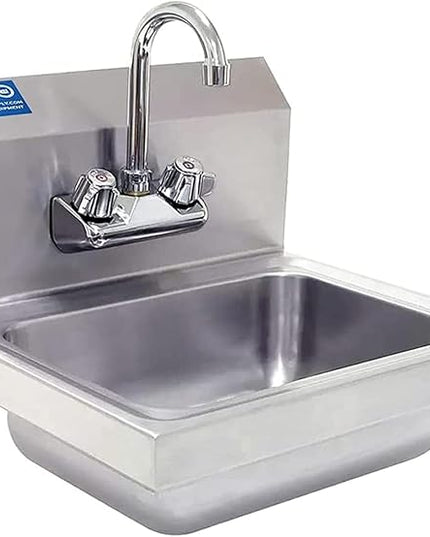 Express KitchQuip Commercial Hand Wash Sink – 15" x 17" Wall Mounted Stainless Steel Basin with Gooseneck Faucet | NSF Certified