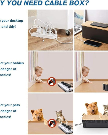 Cable Management Box, 2 Pack Bamboo Lid Large Storage Wires Organizer Holder for Home, Desk, TV, Computer, USB Hub - to Cover Hide Surge Protector Conceal Power Strips & Cords (Black)