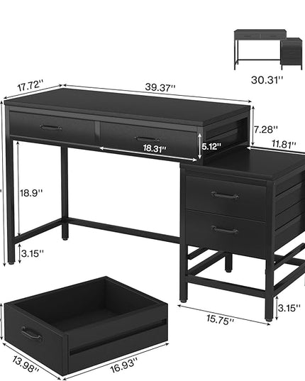 Tribesigns Computer Desk with 5 Drawers, Home Office Desks with Reversible Drawer Cabinet Printer Stand, Industrial PC Desk with Storage, Rustic Study Writing Table Workstation for Small Spaces, Black