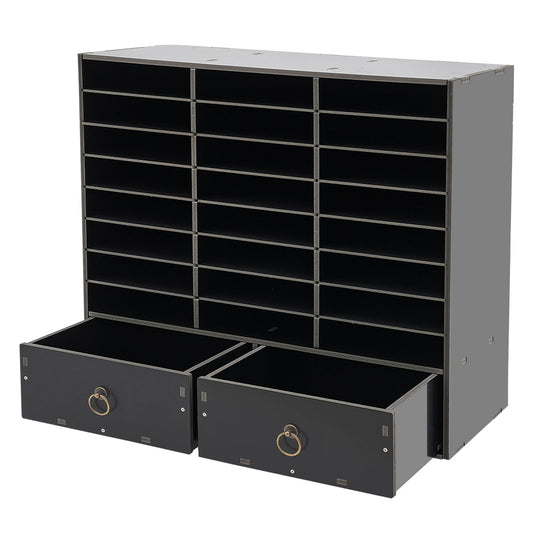 Ageanbri Wooden Literature Organizer 24 Slots Paper and Mail Organizer Storage Cabinet Desktop File Sorter with 2 Drawers, Adjustable Shelves for Home & Office School Mailrooms (Black)