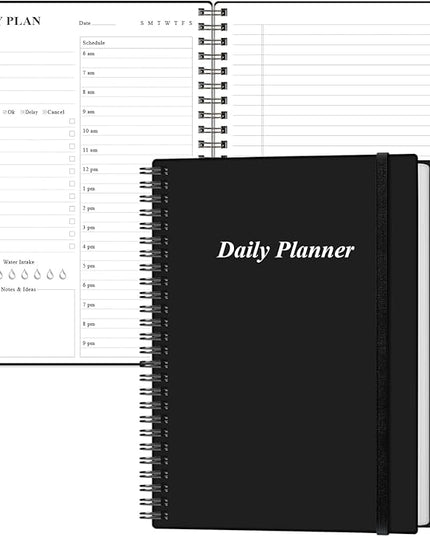 Daily Planner Undated - B5 To Do List Notebook Hourly Schedules, Spiral Appointment Planner for Women and Men, PVC Hardcover, Inner Pocket, Elastic Closure, 7" x 10", Black