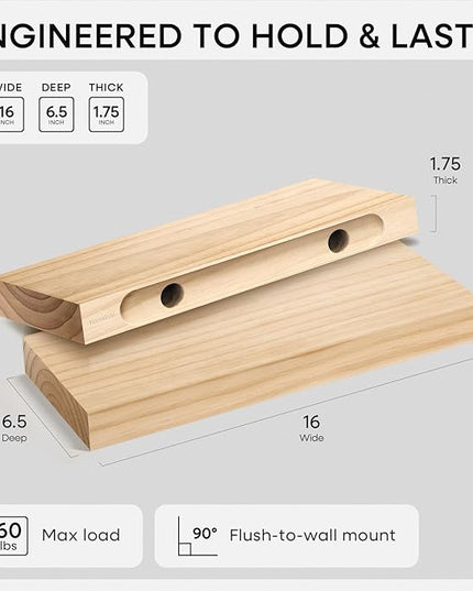 Homeforia 16 inch Natural Floating Shelf, High End Solid Real Wood 16inch Small Floating Shelves for Wall Mounted, Natural Wooden Floating Shelves, Heavy Duty Bracket, 16 X 6.5 X 1.75 in, Set of 2