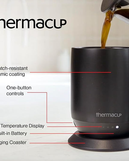 THERMACUP Mega 8-Hour Battery Self-Heating Coffee Mug with | Temperature Controlled Steel Smart Mug with Lid, 14oz (12oz with Lid) | Perfect Holiday Gift for Coffee & Tea Lovers