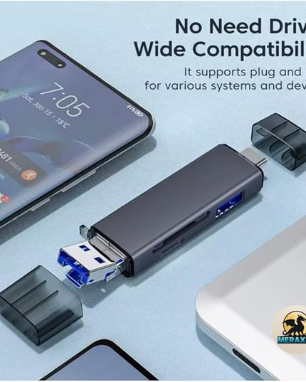 MERAXES 6-in-1 SD Card Reader, USB-C High-Speed 5Gbps OTG Adapter with SD/TF/Micro SD Slots, Multi-Card Reader Compatible with MacBook, iPad, iPhone, Android & PC