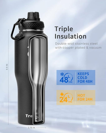 Trebo 32 oz Water Bottle Insulated Fit in Any Car Cup Holder,Triple Wall Vacuum Stainless Steel Water Bottles (Keep Cold for 48 Hrs),Leakproof Tumbler Flask with Paracord Handle,Straw Spout Lids