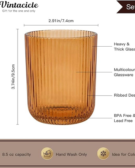 Drinking Glasses, Colored Highball Glasses Set of 6, Ribbed Glassware Glass Cups, Water Glasses for Juice, Iced Coffee Cups, Cocktail Glasses - Christmas Gifts - 8.5 oz