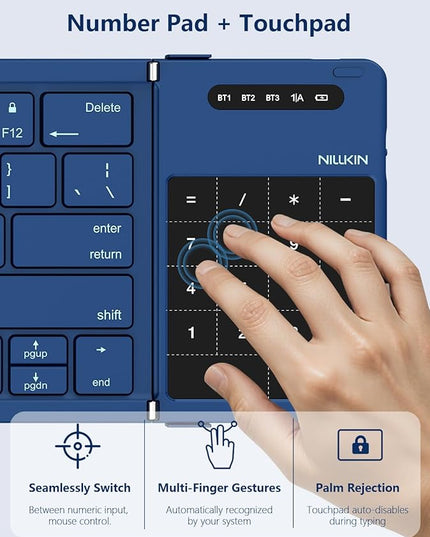 Nillkin Foldable Bluetooth Keyboard with Touchpad & Number Pad, Portable Bluetooth Keyboard with Full Size Keys, Pocket-Sized Wireless Travel Keyboards for iPad, Smartphone, Tablet and Laptop Blue