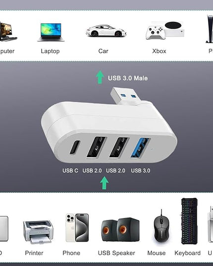 VIENON 4-Port USB 3.0 Hub [90/180 Rotatable], USB Splitter with 3 USB Ports & 1 USB C Power/Data Port, USB Extender for Laptops, Cars, iMac, MacBook Air, MacBook Pro