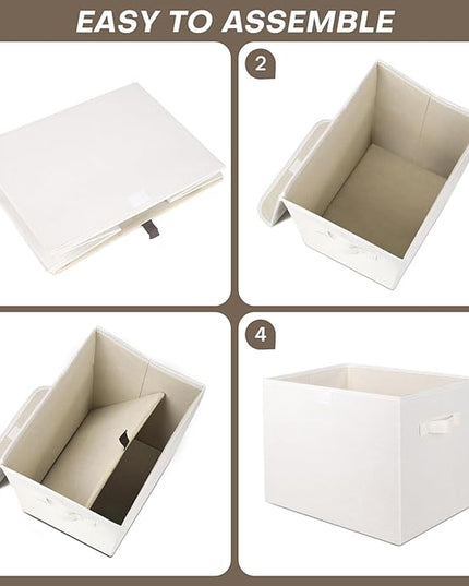 Large 17" 42 Quarts Collapsible Stackable Storage Bins with Lids [3-Pack] Foldable Fabric Linen Storage Boxes Cube, Closet Organizer Baskets with Label (16.7 x 12 x 12, White)
